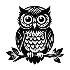 Owl Silhouette on Branch, Owl sitting on a tree branch vector silhouette, Outline of Perched Owl Silhouette