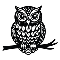 Owl Silhouette on Branch, Owl sitting on a tree branch vector silhouette, Outline of Perched Owl Silhouette