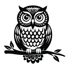 Owl Silhouette on Branch, Owl sitting on a tree branch vector silhouette, Outline of Perched Owl Silhouette