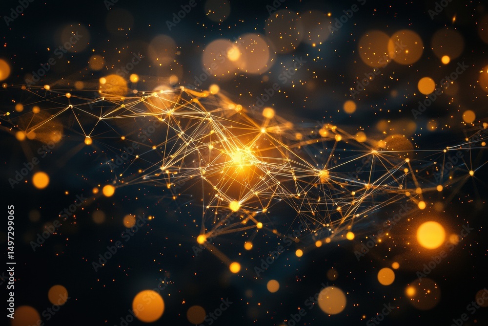 Wall mural abstract network of glowing golden nodes and connections on dark background with bokeh light effects
