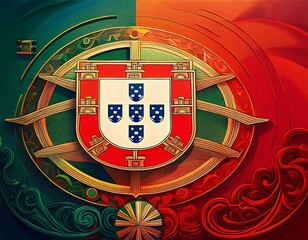 Portuguese coat of arms, featuring a shield with various heraldic symbols and a decorative border. The vibrant colors and intricate design highlight the national flag, emblem of Portugal.