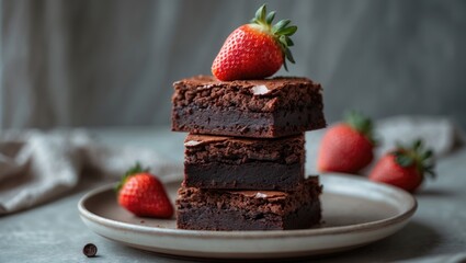 Brownies made from vegan ingredients including beetroot puree, dark chocolate, cocoa powder, sugar, and coconut cream. A stack of brownies served on a ceramic plate with strawberries.