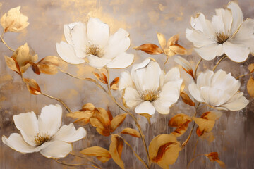 Oil painting in boho style, 3D effect. Vintage illustration with white flowers with golden lines on light brown background.