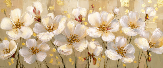 Oil painting in boho style. Vintage illustration with white flowers with golden lines on light brown background.