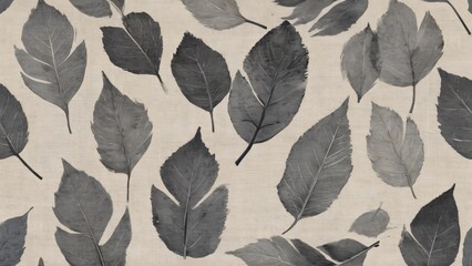 Seamless Pattern of Monochrome Leaves on Textured Beige Background, emphasizing natural beauty and simplicity.