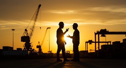 Construction Workers Discussing Plans at Sunset Silhouette in Industrial Harbor