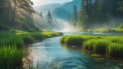 Fototapeta premium In a serene mountain river, grass flourishes in crystal-clear waters surrounded by a vibrant, magical natural scenery.