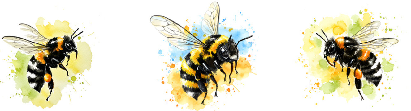 Three watercolor style bumblebees with yellow and blue splashes on an isolated canvas space art on transparent background