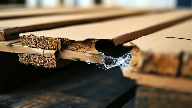 Tightly cropped shot of a cracked box edge, a broken product visible through the torn corrugation, pallet beneath stained and worn, concept of fragile item transport and claims pro