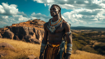An African man in a traditional tribal outfit standing in a natural landscape