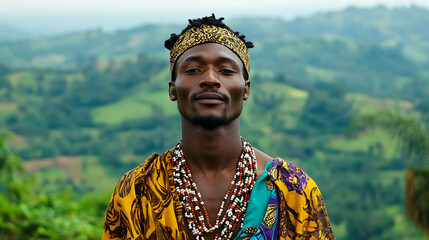 An African man in a traditional tribal outfit standing in a natural landscape