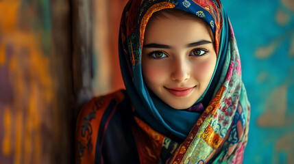 An Arabic girl wearing a colorful abaya with a shy smile