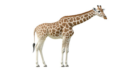 Fototapeta premium The majestic giraffe: Standing tall in a habitat. a detailed view of a giraffe gracefully positioned. A moment showcasing nature's elegance