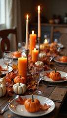 Autumn table setting with pumpkins and candles, for Thanksgiving dinner