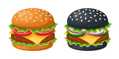 Flat vector illustration of two burgers: one with a sesame bun, lettuce, tomato, cheese, and patty; the other with a black sesame bun, cucumber, onion, lettuce, cheese and patty. Isolated.
