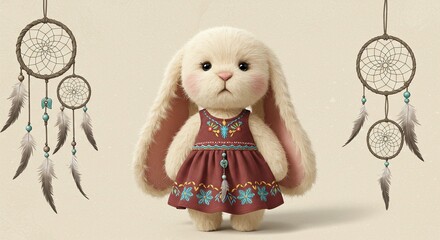 Adorable Bunny in Ethnic Dress with Dreamcatchers Cute Whimsical Childrens Illustration