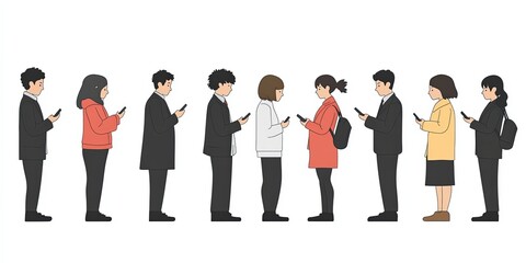 Obraz premium Modern people interaction illustration. Adults and youth use smartphones. Digital communication, lifestyle, diverse group, social media, minimalist design, urban context.