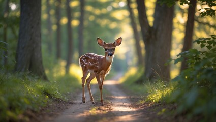 Whitetail fawn moving down a path in the forest.
