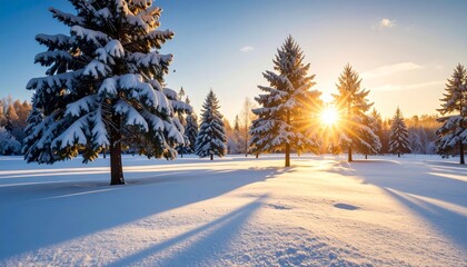 Pine trees covered with snow on frosty evening. Beautiful winter panorama, backlight with sunbeams
