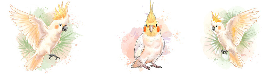 Three cockatiels with yellow crests in watercolor style against a light colored abstract background on transparent background