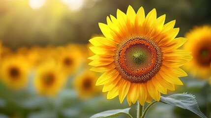 Fototapeta premium Vibrant sunflower field bathed in golden sunlight, symbolizing summer joy