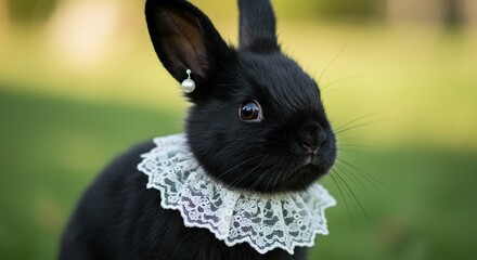 Adorable Black Rabbit with Lace Collar and Pearl Earring in Green Garden