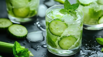 Refreshing cucumber and mint infused water with ice in a glass