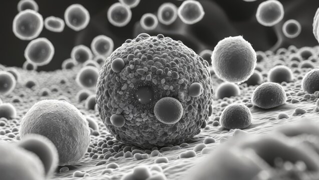 B-lymphocyte micrograph captured by transmission electron microscopy at the activation onset, revealing RER cisterns in a cytoplasm dense with ribosomes.