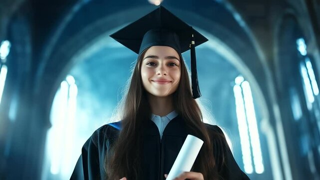 Young woman in academic attire joyfully holding her diploma scroll, standing under a grand archway engraved with her university&rsquo;s name, a bright future in her eyes