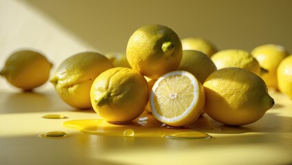 Lemons freshly harvested against a yellow background with a splash