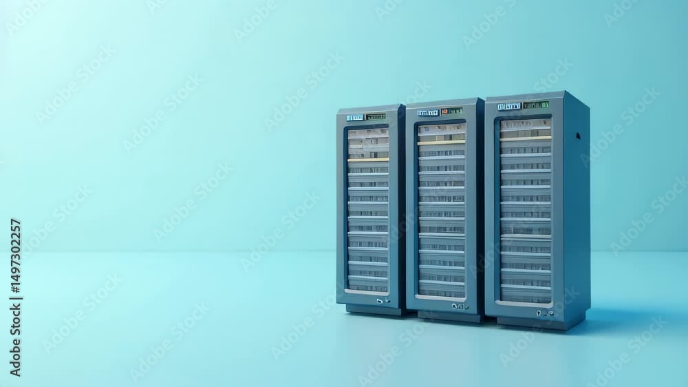 Poster data center. server racks. blue color. technology equipment. cloud computing. network storage. it in