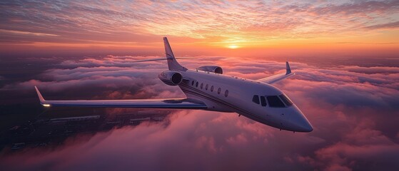 Private Jet Soaring Above Sunset Clouds