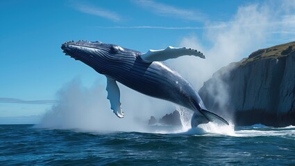 Fototapeta premium Humpback Whale jumping alongside the Coast