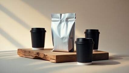 Two indistinct black paper cups with caps on a wooden brick on the table. A single cup is sharp in the foreground with a blank white sealed bag next to it.