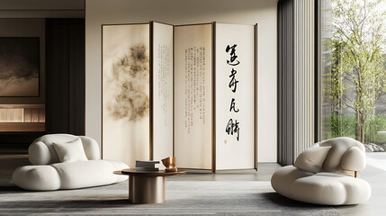 A traditional Japanese calligraphy scroll with bold black characters, illuminated by sunlight in a serene wooden room.