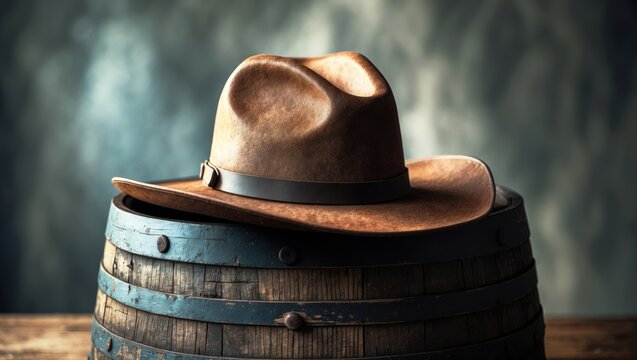 Aged cowboy hat and vintage barrel from the Wild West era. Photo with retro filter