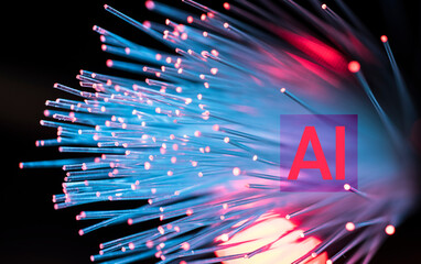 Digitally generated image of fiber optics with AI sign