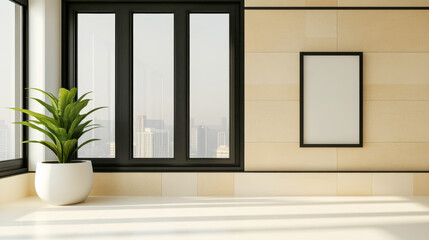Fototapeta premium Modern interior design featuring large windows and minimalistic decor in a city environment