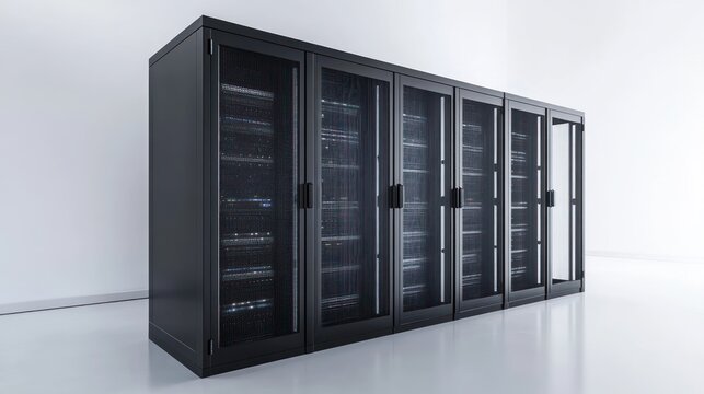 Rows of black server racks in a bright room