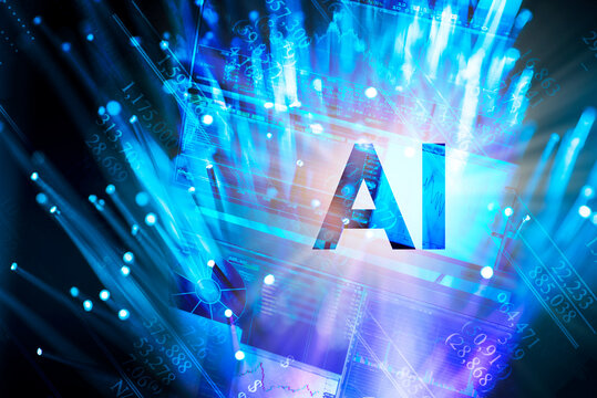 Digitally generated image of stock market data with AI sign