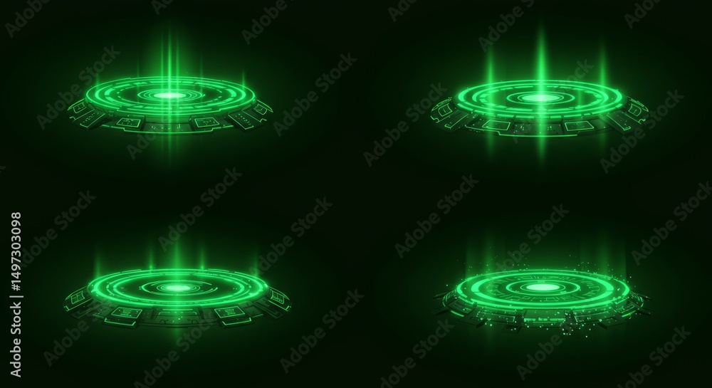 Poster glowing green circular tech interfaces, futuristic design elements