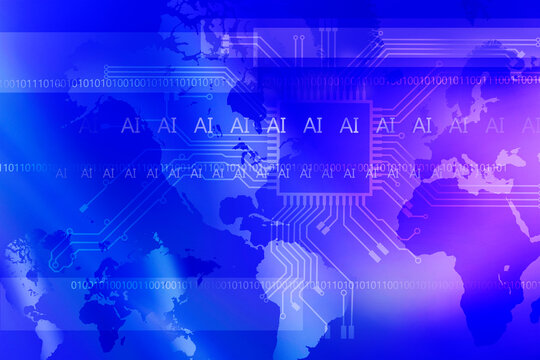 "AI" letters and binary numbers superimposed over computer board and world map