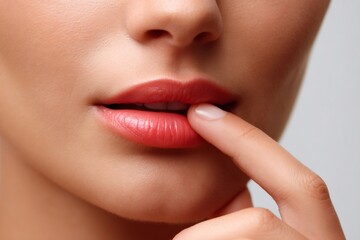 Naklejka premium Woman touching lips with finger, close up of sensual beauty and cosmetics
