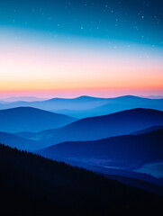 Fototapeta premium Blue Ridge Mountains at Dusk: Serene landscape of rolling blue mountains at twilight, under a starlit sky, offering a sense of tranquility and vastness. 