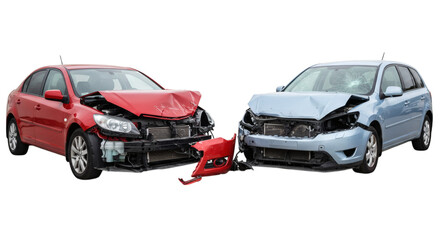 Two damaged vehicles a red sedan and a light blue hatchback after a collision front end damage visible isolated on transparent background