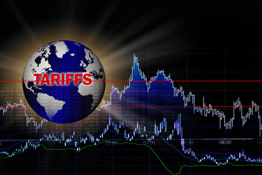 World globe with tariffs written on it and stock market graphs
