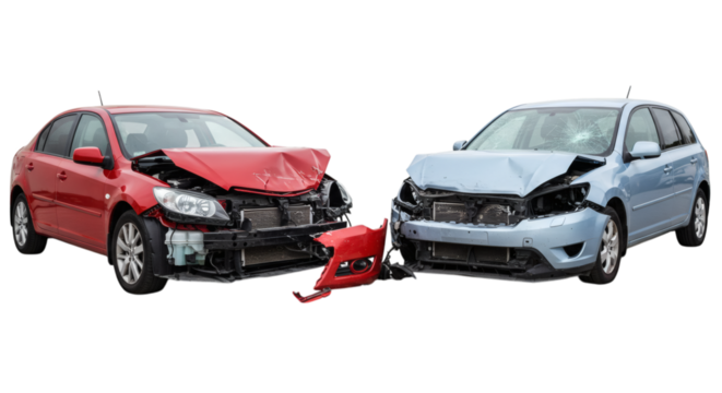 Two damaged vehicles a red sedan and a light blue hatchback after a collision front end damage visible isolated on transparent background