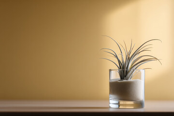A modern glass terrarium with an air plant and fine white sand, placed on a soft wooden surface. The scene is styled with natural sunlight and a wheat-gold wall in the background
