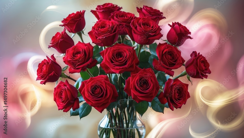 Poster rich red roses complemented by a luminous bokeh background