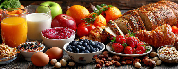 A colorful array of healthy foods including fruits, vegetables, whole grains and graded milk on wooden table background